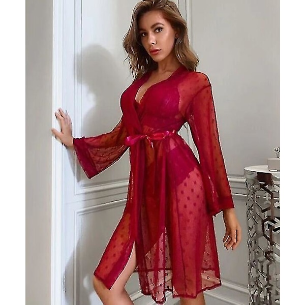 Naiset Seksi Alusvaatteet Setti 3 Osaa Pitsi Kimono Robe Rintaliivit Ja Pikkuhousut Sheer Yöasu Ybx -GSL black