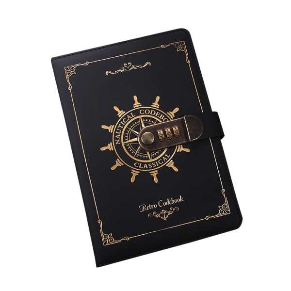 A5-lösenordsbok med lås, dagbok, europeisk retro kreativ handbok, anteckningsbok i imiterat läder Black Gold-Navigational A5