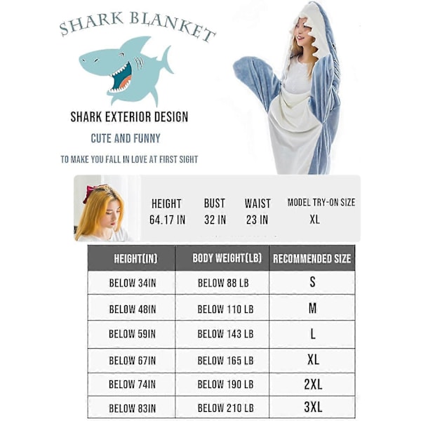 Haj-tæppe til voksne og børn - Bærbar hajtæppe-hættetrøje, tegneserie-dyr heldragt-tæppe, sød sjov blå hajflannel-hættetrøje til pigers interesse 75in-xl