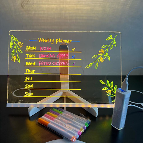 USB-driven LED-nattlampa i akryl med meddelandetavla, stativ och suddbar yta - perfekt för barn att rita på och som nattlampa i sovrummet with power bank 150*150*3mm