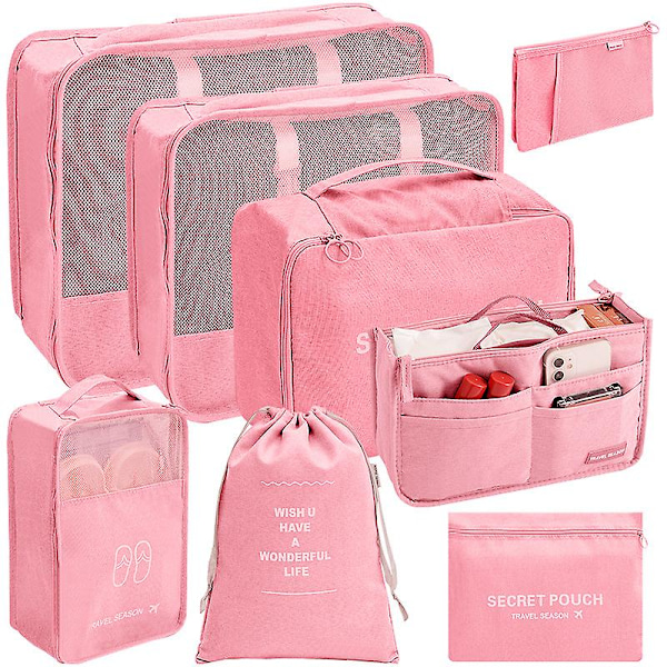 Pakkekube-sett for reisekofferter, 8 stk Reiseorganiseringspakkeposer for klær, sko, toalettartikler, reisebagasjeorganisatorer pink