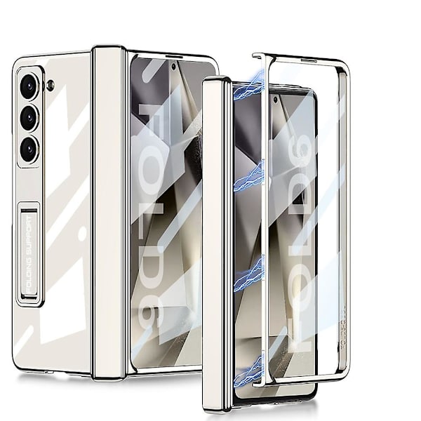För Samsung Galaxy Z Fold 6 med Osynligt Stativ, Inbyggt Skärmskydd Smalt PC Stötsäkert Skal med Magnetisk Gångjärnsskydd white