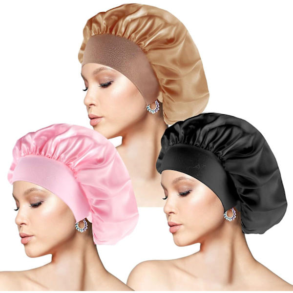3 kpl Silk Bonnet, Satiinihius Bonnet nukkumiseen leveällä elastisen nauhalla Satiini Unihattu naisille ja tytöille