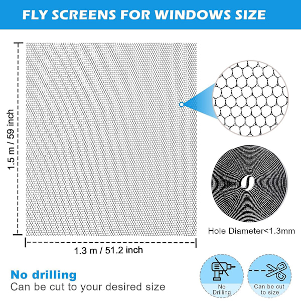 Pakke med 5 flueskjermvinduer, flueskjermer som kan kuttes til størrelse 130 x 150 cm, selvklebende insektbeskyttelsesvindu med 5 ruller med klebebånd - black