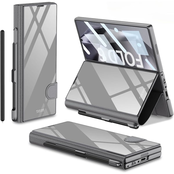 Fodral för Samsung Galaxy Z Fold 6 med pennfack, Z Fold 6 fodral pläterat glas hybridläder All-Inclusive fodral med skärmskydd gray