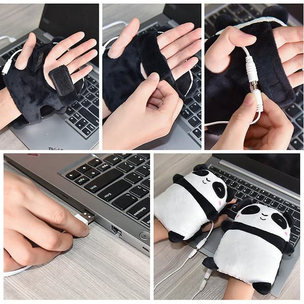 Piirretty Panda USB-lämmitteiset Sormittomat Talvihanskat Käsien Lämmittimet