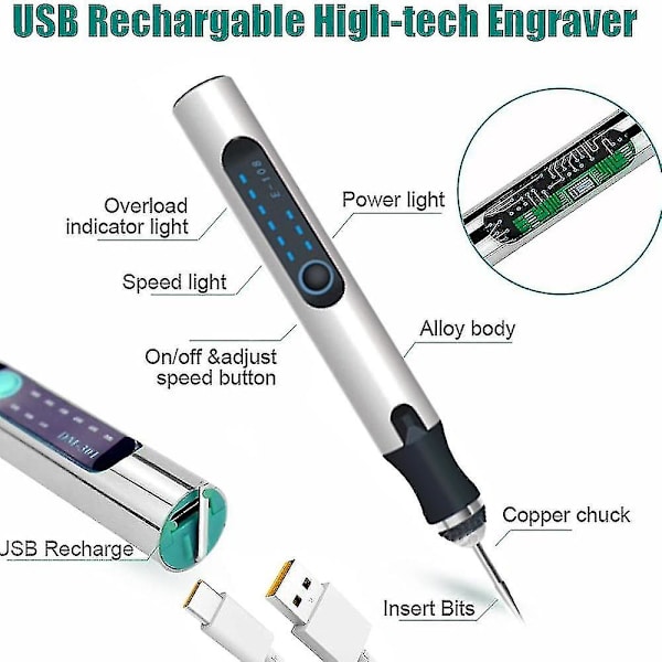 Sähköinen kaiverruskynä, USB-ladattava langaton kaiverruskone, kannettava DIY-pyörivä kaiverrin koruille, puulle, lasille, kivenveistolle -JRSZ