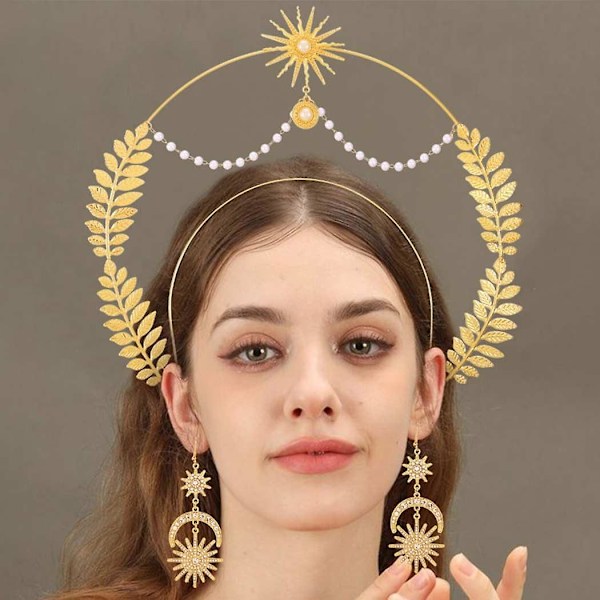 Gudinne Halo Krone Rhinestone Måne Blad Krone Hodebånd Tiara Måne Boho Hodeplagg med Måne Stjerne Dangle Øredobber for Kvinner Jenter