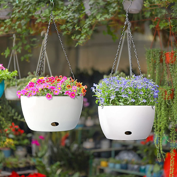 Självbevattnande Hängande Planteringskruka med Bevattningshål 24cm Vit Set om 2 - Rund Plast Hängande Korg Blomkruka Växtställ för Utomhus Trädgård