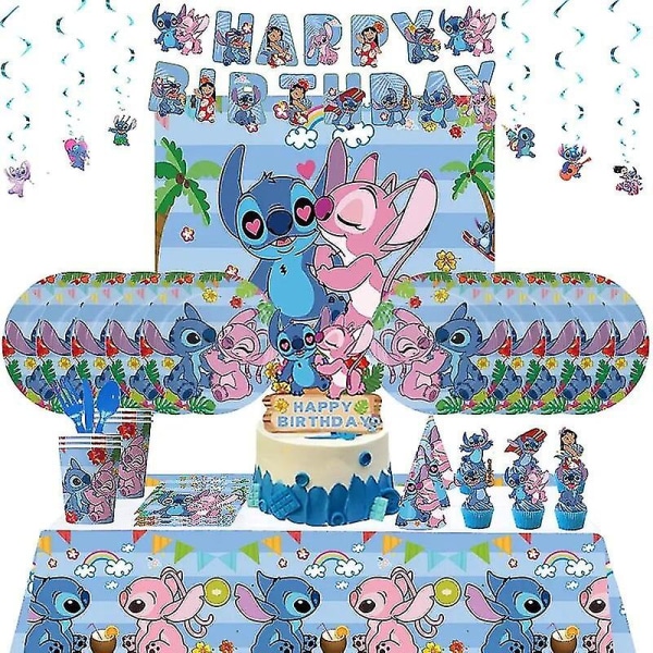 Sininen ommel Syntymäpäiväjuhlat Koristeet Piirretty Lilo Ja Stitch Teema Astiastosetti Kupit Lautasia Ilmapallo Lapsi Juhlatarvikkeet 5pcs set