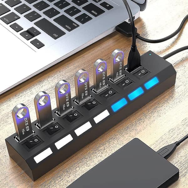 sort 7 Port USB Hub Høj Hastighed Multi Splitter Udvidelse Strømadapter Til Pc Bærbar -GSL