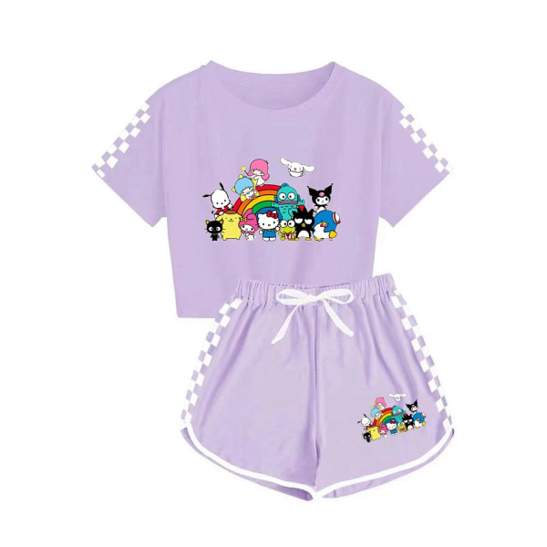 Kurome + Cinnamon Dog T-shirt shorts printet sportsdragt til drenge og piger Light purple 120cm
