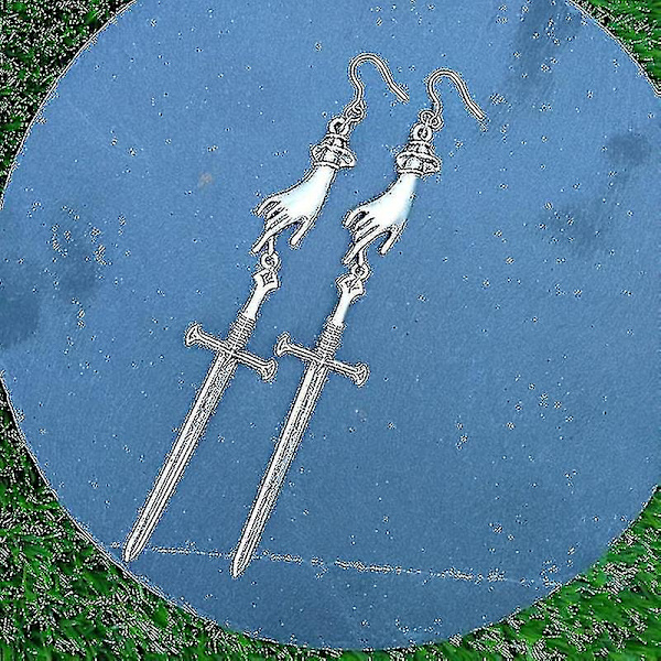 Tarot-øredobber, store sverdøredobber i sølv, håndøredobber, statement-øredobber, gotiske middelalderøredobber, hekseøredobber