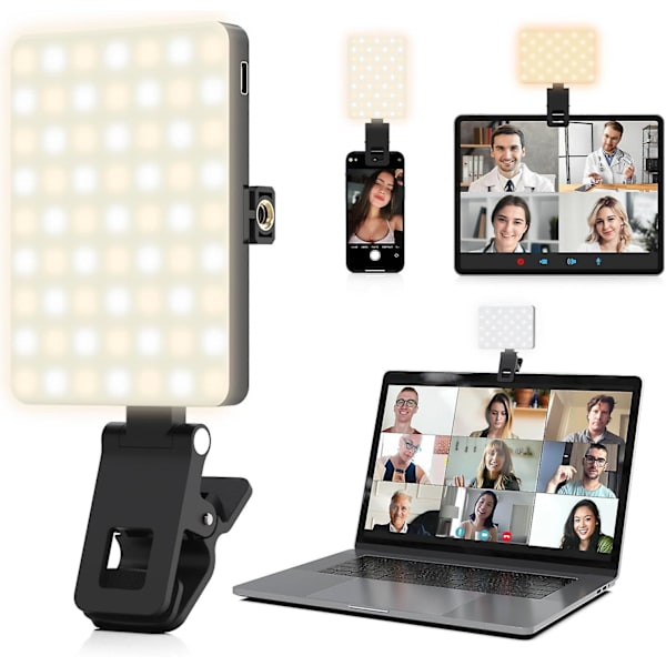100 LED genopladelig selfie-telefonlys med klemme, kamerafyldlys til billeder, videotelefonlys til videokonferencer, bærbar lys til influenc