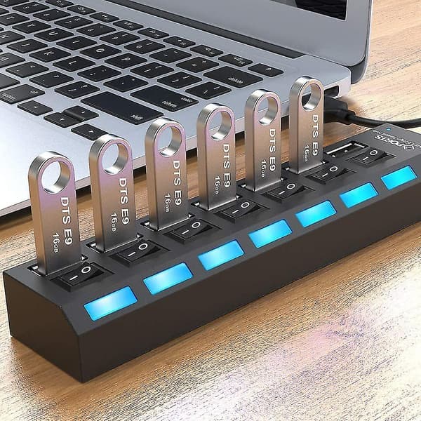 sort 7 Port USB Hub Høj Hastighed Multi Splitter Udvidelse Strømadapter Til Pc Bærbar -GSL