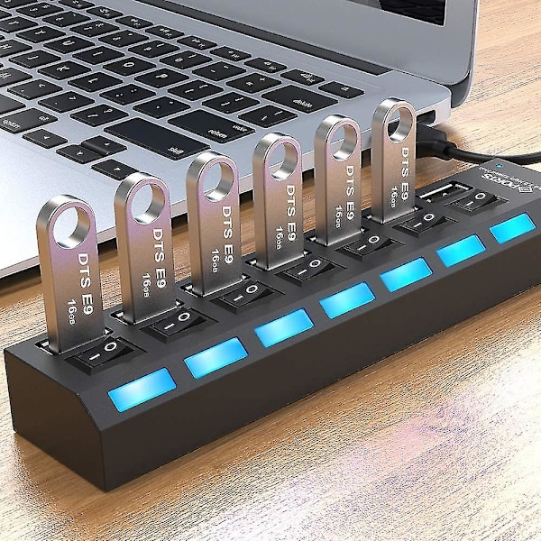 Svart 7-porters USB-hub med høy hastighet, multisplitter, ekspansjonsstrømadapter for PC bærbar PC -GSL