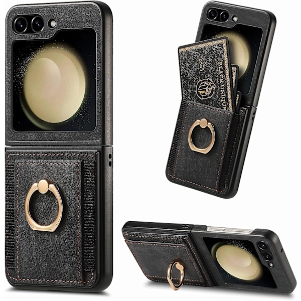 Plånboksfodral för Samsung Galaxy Z Flip 6, Smalt PU-läder Stötsäkert Fodral med Ringhållare & Kortfack för Galaxy Z Flip 6 5G 2024 black