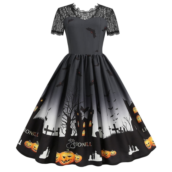 Halloween Klänning med kortärmad rund hals med print för dammode Black 3XL