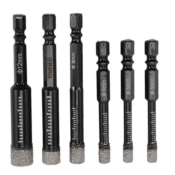 6-pack Svart Diamantborr Set för Keramik Marmor Kakel Sten Glas Hårda Material 5/6/8/10/12mm
