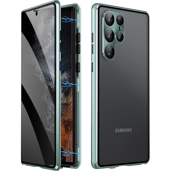 Samsung Galaxy S24:n tietosuojakuori magneettikiinnityksellä, karkaistu lasi, täyspeitto, kääntökansi, metallikehys, suojaava puhelimen kuori green