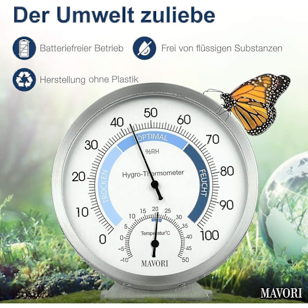 Indendørs analog hygrometer termometer - Høj kvalitet rustfrit stål fugtighedsmåler og stue termometer til pålideligt og behageligt indeklima Co