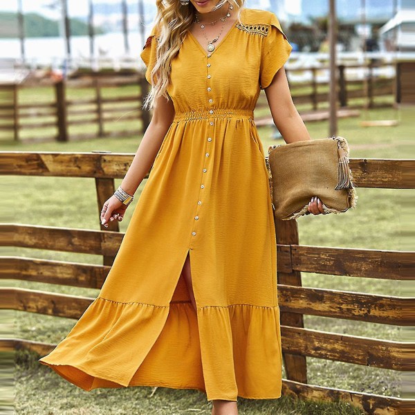 Dammode casual vår och sommar kort V-ringad klänning yellow M