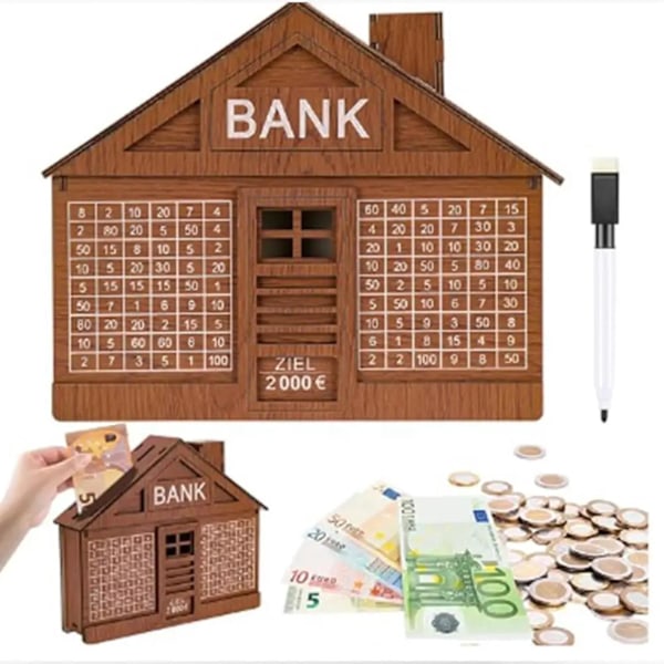 Spargris i Trä med Räknare, Retro Pengabox för Mynt och Sedlar, Spargris för Sparmål 2000 euro - light brown