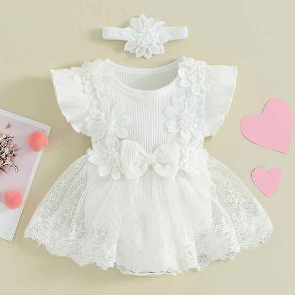 Nyfødt Baby Pige Sommertøj Sæt Floral Blonde Ruffle Ærmeløs Tutu Kjole Pandebånd 2 Stykke Outfit Sæt -GSL FF ZD 80cm