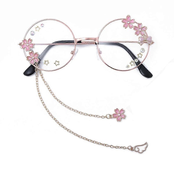 Kawaii Sakura Stjerne Vinge Dekor Briller Med Kæde Lolita Cosplay Prop Sød Rund Ramme Klar Flad Linse Briller Gave