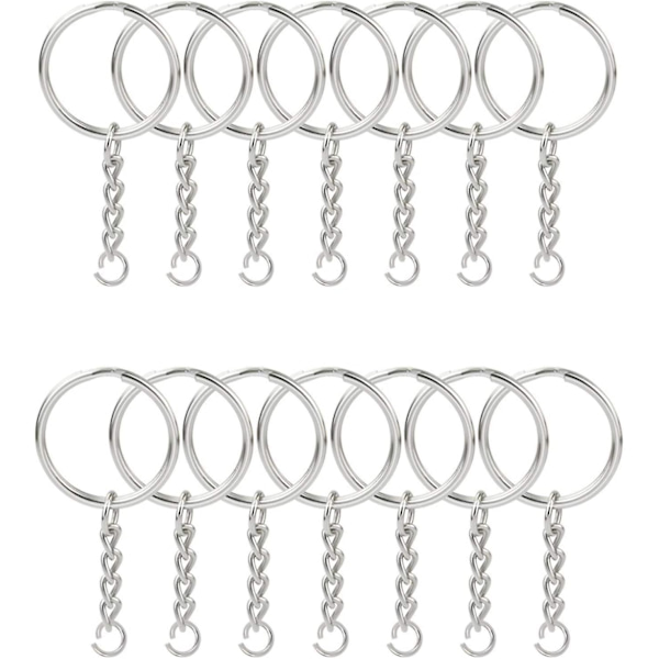 100 stk. Split Nøglering med Kæde 1 Tomme, Split Nøglering med Kæde Sølvfarvet Metal Split Nøglekæde Ring Dele med Åben Springring og Stik