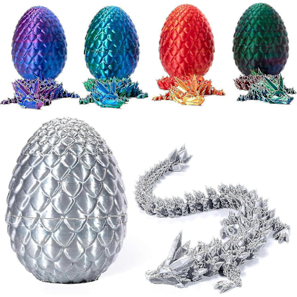 3D-tryckt drake i ägg, fullt ledad drake kristalldrake med drakeägg, hemmakontorsdekoration chefens skrivbordsleksaker silk silver