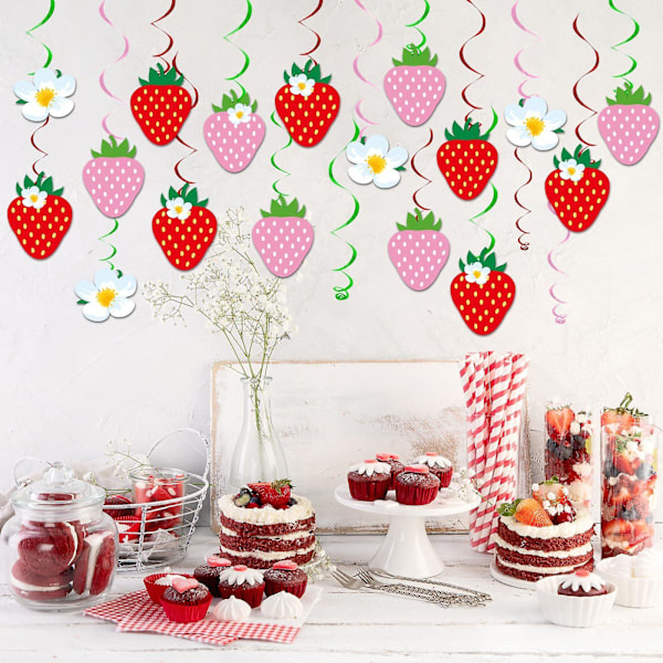 32 st Jordgubbsfestdekorationer, Jordgubbshängande Virvlar Bär Första Födelsedagsbanners, Jordgubbsfolievirvlar Tak för Babyshower 2 set