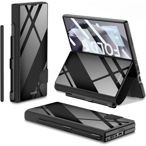 Fodral för Samsung Galaxy Z Fold 6 med pennfack, Z Fold 6 fodral pläterat glas hybridläder All-Inclusive fodral med skärmskydd carbon fiber
