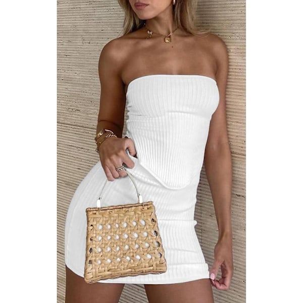 Kvinners Sexy Sommer To Deler Antrekk Bandeau Utgående Beskjærte Topper Bodycon Skjørt Sett Minikjole -GSL5.28 white