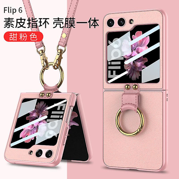 Kompatibel Samsung Galaxy Z Flip 6 Etui med Skærmbeskytter & Krydsrem, Ultra Tynd PC+PU Læder Cover med Ring pink
