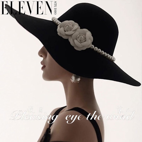 Fransk sort bredskygget hat, elegant retro Hepburn-stil, engelsk perlehat ZD OI