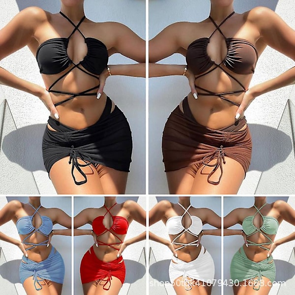 Sommer Bikini Triangle Badedrakt Kvinner Halterneck Badetøy Skjørt 3 Deler Sett Elegant Badedrakt Y-Z-T ZD B2 s