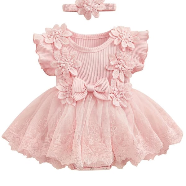 Nyfödd flicka sommar kläder set blommig spets volang ärmlös tutu klänning pannband 2 delar outfit set -GSL FF ZD 80cm
