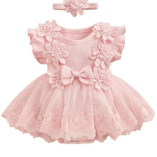 Nyfødt Baby Pige Sommertøj Sæt Floral Blonde Ruffle Ærmeløs Tutu Kjole Pandebånd 2 Stykke Outfit Sæt -GSL FF ZD 80cm