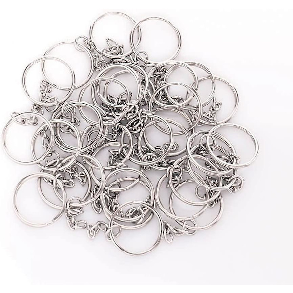 100 stk. Split Nøglering med Kæde 1 Tomme, Split Nøglering med Kæde Sølvfarvet Metal Split Nøglekæde Ring Dele med Åben Springring og Stik