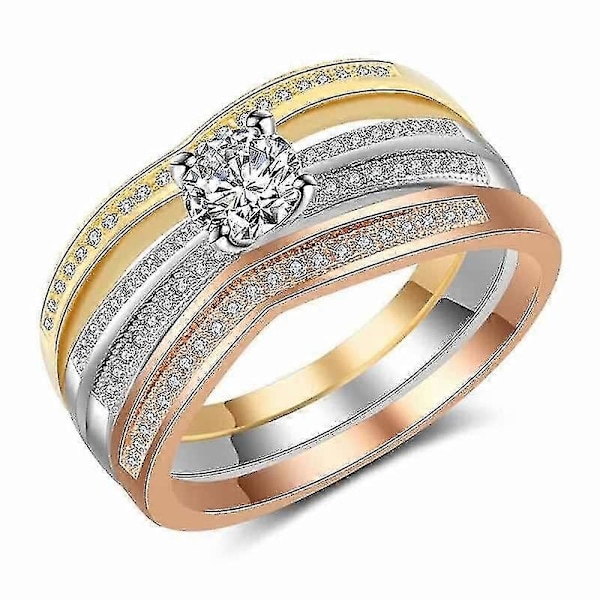 Guld, Silver, Roséguld Tri-färgad Blandad Punkt Diamant Set Med Rund Zirkon Set Ring - Trendig Tri-färgad Blandad Punkt Diamant Set Rund Zirkon Set Ring