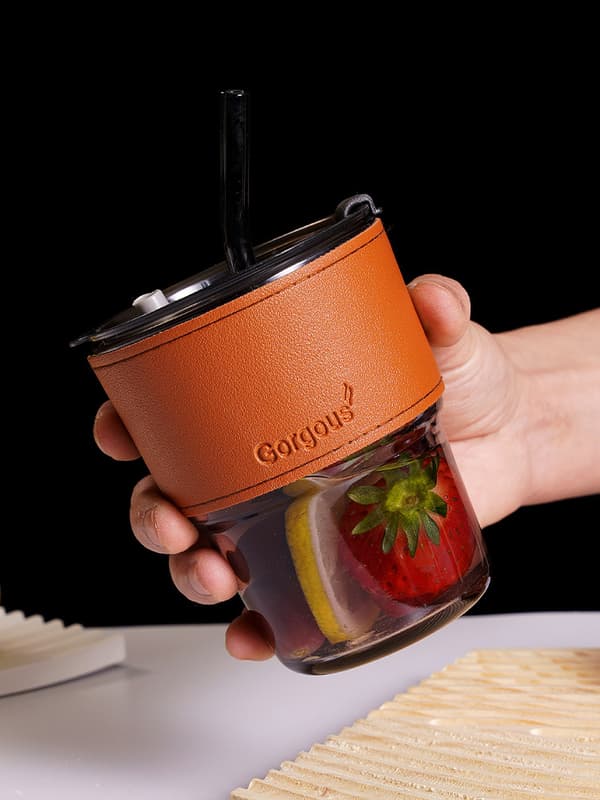 Bärnstensfärgad glasmugg med läderfodral, isolerad skållningsskyddad kaffe- och vattenmugg (400 ml)