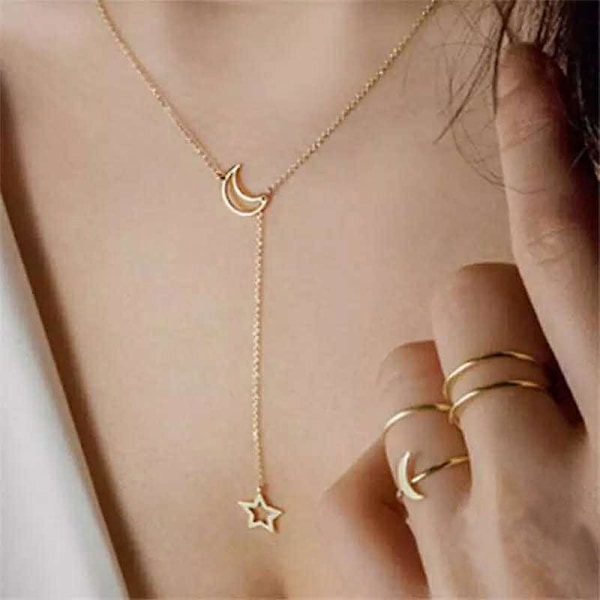 Halsband för kvinnor, halsband med hänge, kedjehalsband, retro stjärna och måne hänge dubbelt halsband