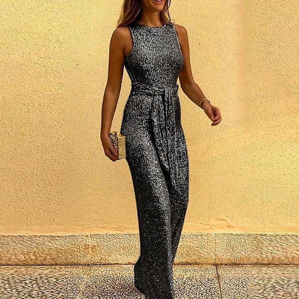 Sequin jumpsuit med rund hals, ærmeløs personlighed sequin sølv prik jumpsuit ZD B2 UU wine red