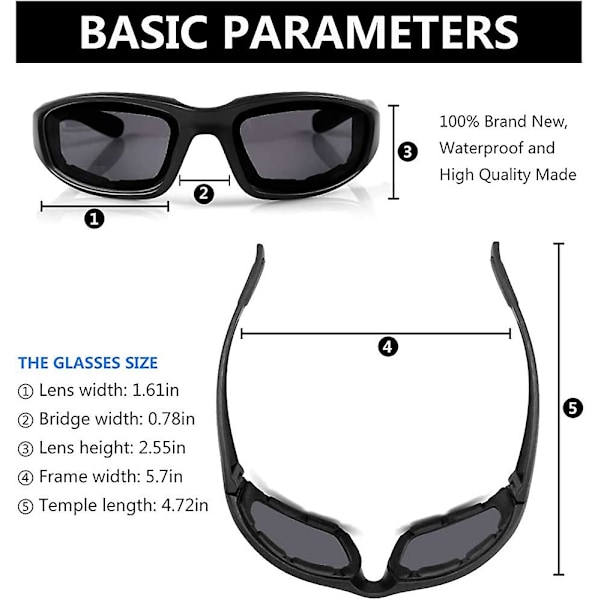 3 Par Motorcykelglasögon Padding Goggles UV-skydd Dammsäker Vindtät Motorcykel Solglasögon För Utomhusaktiviteter