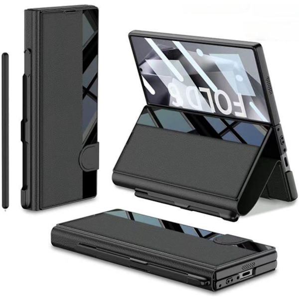 För Samsung Galaxy Z Fold 6 med S Pen-fack, Inbyggt skärmskydd PU-läder Magnetiskt Allt-i-ett-vikbart fodral black