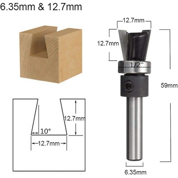 2-delt 6,35 mm Halefri Smalle Rullende Fræser Dovetail Sæt, Til Træbearbejdning 12,7 mm Og 15,9 mm