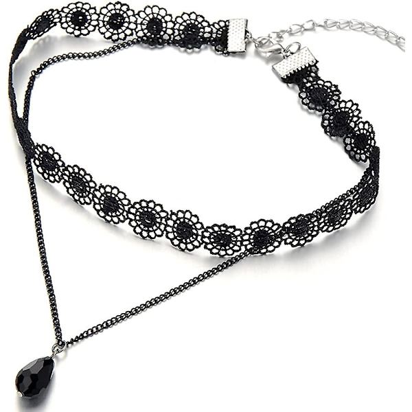 Dame Svart Blonder Kjede Tattoo Choker Halskjede Med Svart Teardrop Perle Charm