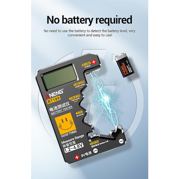 Ultrakompakt Batteritestare 9V AA AAA Knappcell Universal Hushåll LCD Digital Display Batteritestare Power Bank Detektorverktyg black