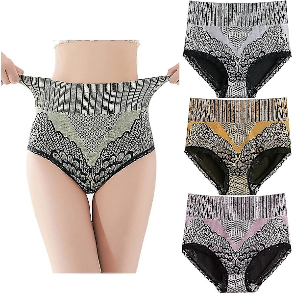 3 st kvinnors bomullsbikini trosor magekontroll shapewear underkläder spets hög midja trosor rumpa lyftare kropp formare trosor midja ff E purple-blue-green